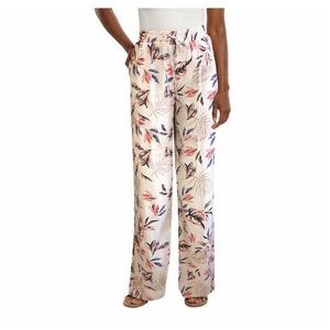 Linen beach pants. Tan, pink, black and blue leaf print. Size small.
